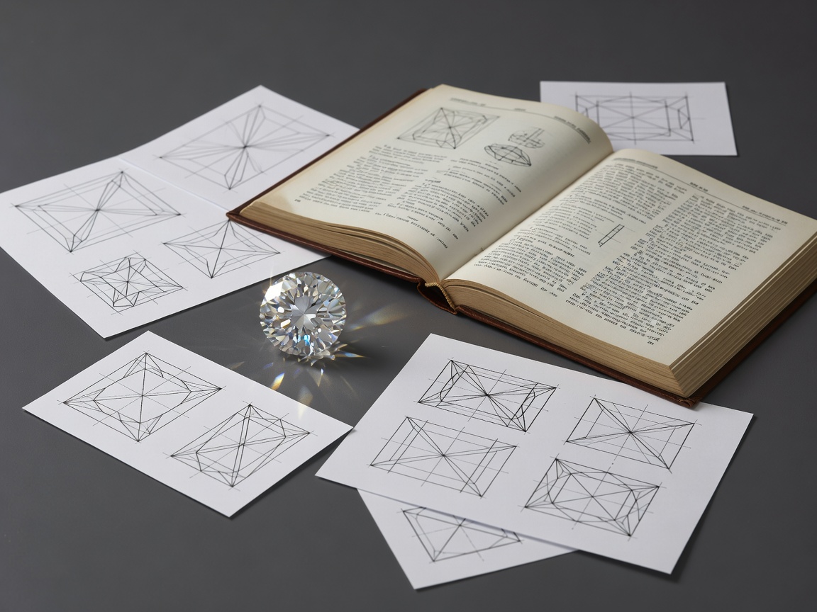 Close overhead arrangement of a brilliant diamond beside reference books and precise geometric cut-line drawings