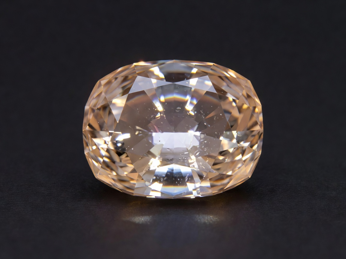 Cushion-profile gemstone composition with warm perimeter illumination and concentrated central reflections