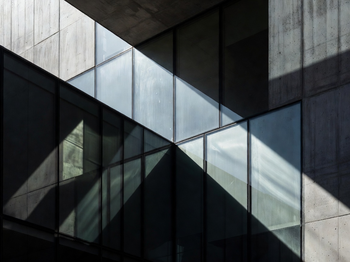High-contrast modern architecture with glass, concrete, intersecting shadows, and controlled side lighting
