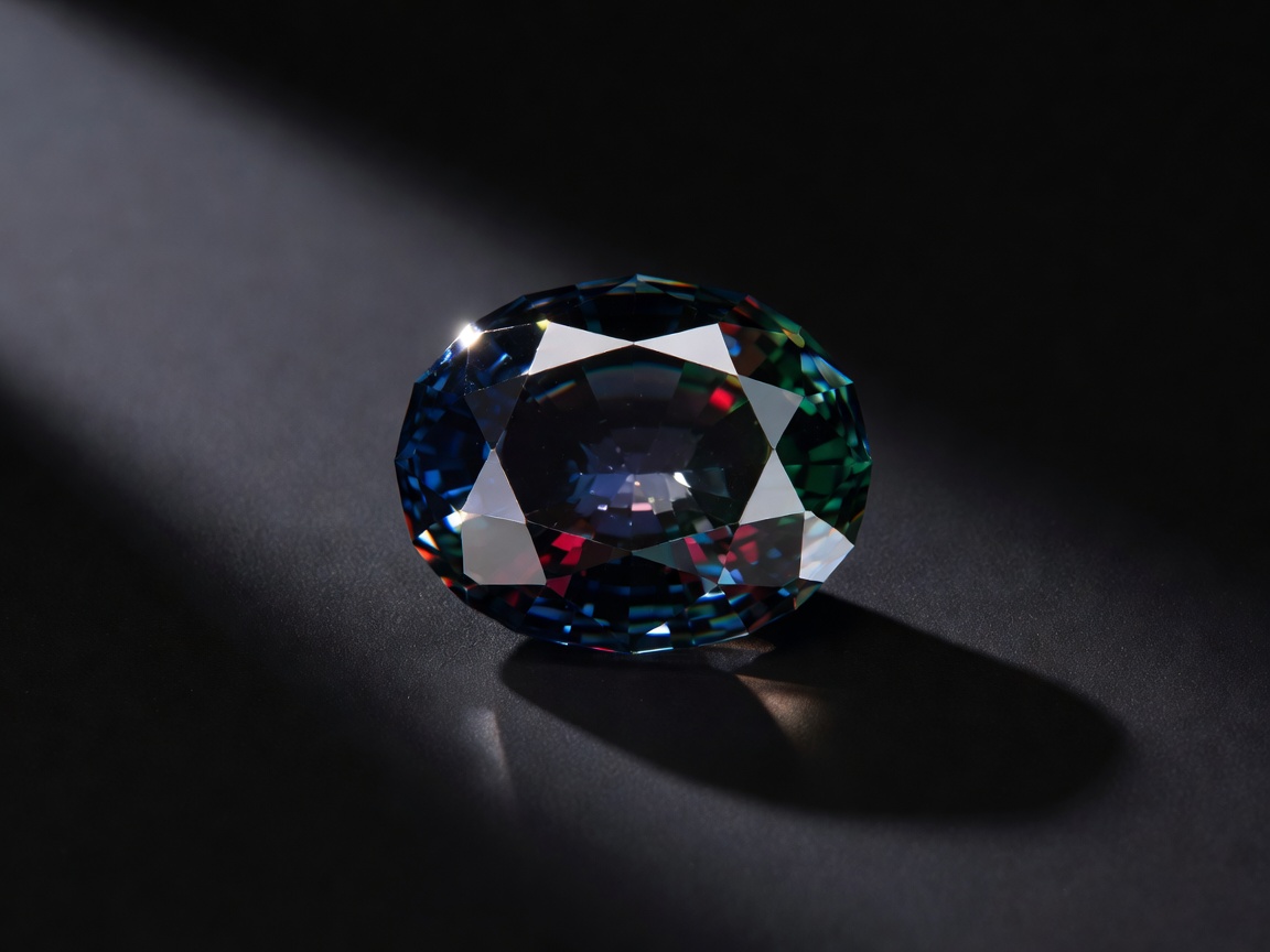 Oval faceted gemstone under directional studio light with deep tonal fields and metallic reflections