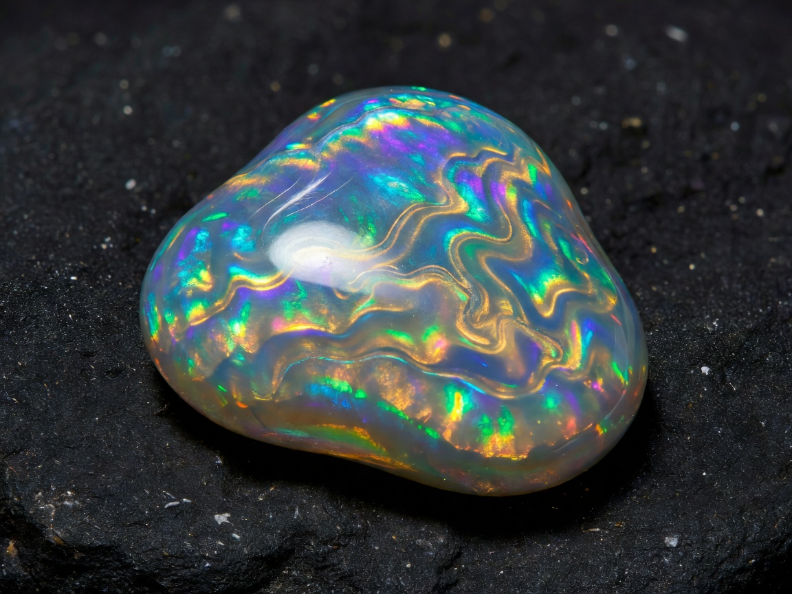 Polished freeform cabochon jewelry surface showing layered spectral reflections against a dark mineral ground
